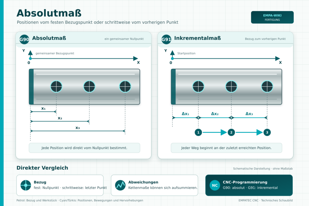 Absolutmaß und Inkrementalmaß im Vergleich mit Nullpunkt, Positionsmaßen sowie G90 und G91