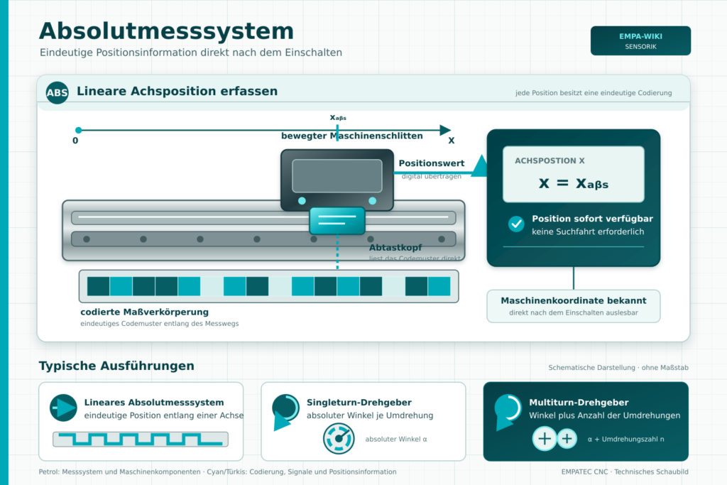 Absolutmesssystem mit codierter Maßverkörperung, Abtastkopf und direkter Positionsübertragung an die CNC-Steuerung