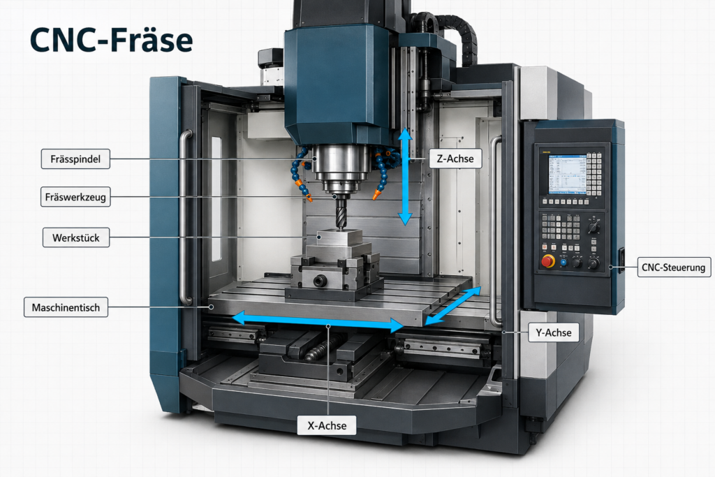 CNC-Fräse mit Frässpindel, Werkzeug, Werkstück, Maschinentisch und den Achsen X, Y und Z