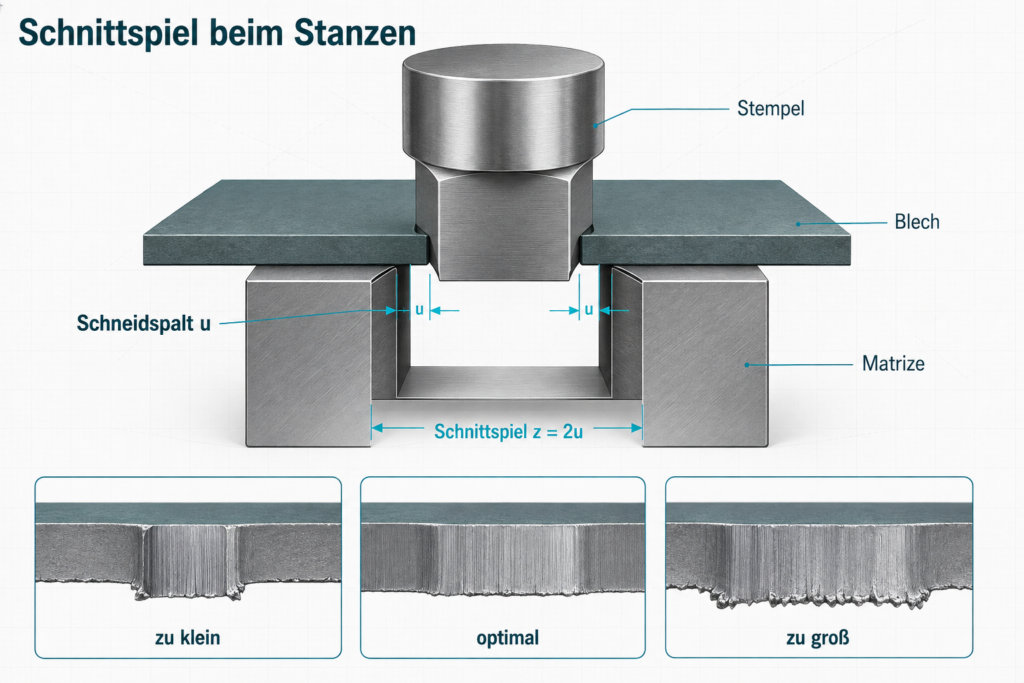 Schnittspiel beim Stanzen zwischen Stempel und Matrize mit einseitigem Schneidspalt u