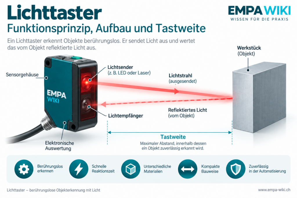 Lichttaster – Funktion, Aufbau und Tastweite mit Lichtsender, Lichtempfänger und reflektiertem Licht