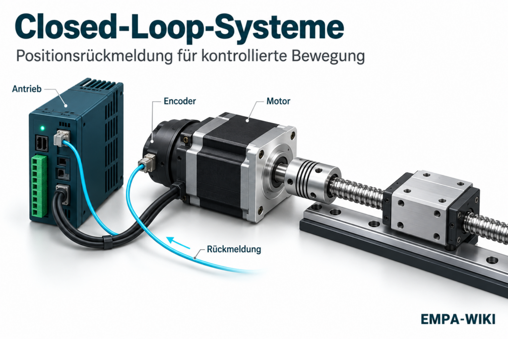 Closed-Loop-Antrieb mit Schrittmotor, Encoder und Positionsrückmeldung zum Motortreiber an einer Linearachse.