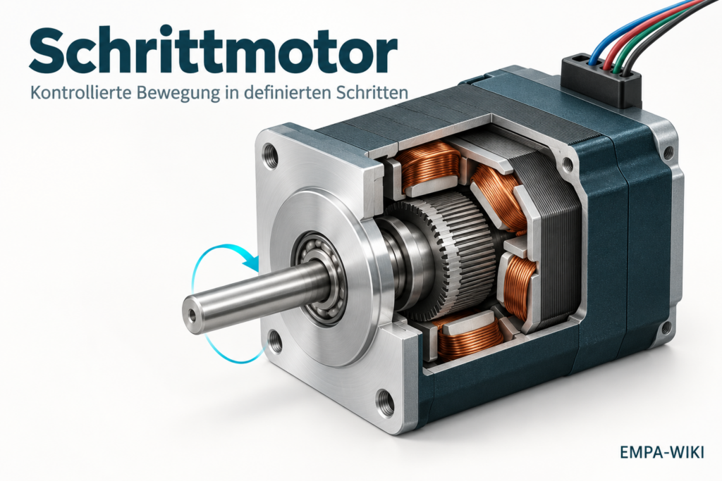 Schrittmotor im Teilschnitt mit sichtbaren Statorwicklungen, verzahntem Rotor und Motorwelle.